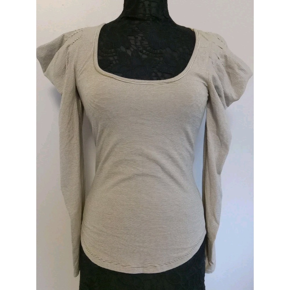 free people women brown beige Stripe Ruched Sleeve Scoop Neck Top Size S